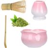 HOBEYO Matcha, set matcha, rosa, a forma di petale, ciotola per matcha, con beccuccio, agitatore e supporto, cucchiaio per matcha, set da tè matcha, set da 4 pezzi, rosa per gli amanti del matcha