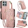 JIUNINE Cover per Motorola Moto G86 5G / Moto G86 Power 5G, Custodia Libro PU Pelle Antiurto Portafoglio Donna, Slot per Carte, Chiusura Magnetica, Motivo Floreale con Foglie in Rilievo, Rosa