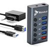 Reagle Hub attivo USB-A 3.2 Gen 1 - Hub USB 5 in 1 con 4 porte dati, 1 porta di ricarica (2,4 A), interruttore singolo, indicatore LED, trasmissione 5 Gbps, Plug & Play, alimentatore da 12 V,