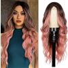 HTTDSLF Parrucca Ombre Rosa Lungo Ondulato, Capelli Sintetici Naturali per Donne, Rosa Separazione Centrale Parrucche, per Quotidiane, Feste e Cosplay