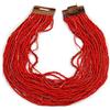 Avalaya Statement - Collana multifilo con perline di vetro rosse e chiusura in legno, lunghezza 60 cm
