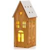 com-four® Casa in legno illuminata da appoggiare con luci LED e timer da 6 ore - Decorazione natalizia per tavolo o davanzale - Decorazione invernale in legno (1 pezzo - Casa con tetto innevato)