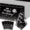 XJLANTTE 4 tovaglie per feste con scritta Happy Birthday, colore nero e argento, decorazioni per feste, in plastica, rettangolari, per bambini, baby shower, compleanni, 130 x 214 cm