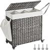 SONGMICS Cesto Portabiancheria con Coperchio, 140L, Cesta Biancheria in Rattan Sintetico con Ruote, 3 Scomparti, Sacco Rimovibile, Lavanderia Camera da Letto, 66 x 33 x 66 cm, Grigio LCB363G01