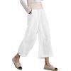 Famulily Pantaloni estivi da donna, larghi, lino, cotone, a vita alta, elasticizzati, leggeri, comodi, con tasche con coulisse, bianco, XL