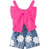 Generico Completi Bambina Estivi 5 Anni Mädchen 2 Teiler Gr.5 Jahre Jeansshorts und Top Blumen Hot Rosa Sommer Outfits Teenager Urlaub Zweiteiler Kinder Freizeitanzug Sommer Bekleidungssets