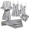 Bleau Set di pigiami da donna in seta, 5 pezzi, con canottiera sexy, camicia da notte in pizzo, Grigio, M
