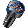 Abetcabe Accendisigari USB C, 90 W, 4 in 1, USB C, caricabatteria da auto, PPS PD, 45 W, 12 V/24 V, caricatore da auto, compatibile con iPhone 17 16 15, Galaxy S25/S24/S23, Pixel, tablet (1 pezzo)