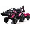 Beneo Motors Trattore elettrico TOP-WORKER 12V con benne e rimorchio, sedile singolo, rose, sedile morbido in PU, lettore MP3 con ingresso USB, trazione posteriore, 2 motori da 45W, ruote in EVA, batteria al litio