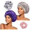 DWFEYOI Cuffia di Seta,Berretto da Notte in Raso,2 Pezzi Cappello per Capelli per Dormire in Raso con 2 Pezzi Scrunchies per Donna e Ragazza,cuffia raso(viola scuro, grigio)