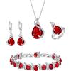 EVER FAITH Bridal Goccia Zirconia cubica Set di gioielli per la sposa damigella d'onore, Rubino Birthstone Pendant Necklace Earrings Tennis Bracciale Aperto Ring for Women Rosso Argento fondo