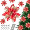 Jesustree Fiori per Albero di Natale Artificiali, 12 Pezzi Fiori di Stella di Natale Poinsettia Glitterati con Clip, Glitter Ornamenti per Decorazioni Natalizie Festivo Casa Ghirlanda, Oro + Rosso