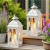 TRIROCKS Set di 2 lanterne vintage da appendere, 34 cm, portacandele decorativo in metallo e vetro temperato, ideali per eventi interni ed esterni, patio, giardino, feste, finitura spazzolata bianca e