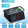 ASOMETECH Stazione di ricarica USB da 100 W a 8 porte con schermo di ricarica digitale di ricarica wireless QC3.0 PD3.0 ricarica rapida per iPhone 14 13 Xiaomi