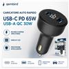 GEMBIRD (欧盟) Gembird Caricatore Auto 65W USB-C + USB-A con Display LED, Caricabatterie Rapido PD Fast Charge per iPhone 16/15/14/13, Samsung Galaxy, Xiaomi, Huawei, iPad, Tablet, Presa Accendisigari Auto 12V/24V