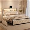 Letto 180x200 con LED e USB, Letto Matrimoniale con Base a Doghe e 4 Cassetti, Testiera Imbottita con Contenitore, Letti Singoli per Adulti e Adolescenti, Velluto
