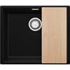 PRIMAGRAN Lavello sottotop Nero Metallico 56x47cm, Lavandino in Granito a 1 vasca + Sifone Classico + Tagliere, Lavabo da Cucina al Mobile 60cm - London S356