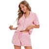 LUBOT Pigiama da Donna in 100% Cotone, Maniche Estate Corto, con Bottoni, pygama in Due Pezzi per Donna, Abbigliamento da Notte da S a XXL, Fiocco Rosa, L