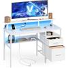 VASAGLE Scrivania per Computer con Cassetti in Tessuto, Supporto per Monitor, Luci a LED e Prese di Corrente, 55 x 120 x 90 cm, 2 Porte USB-A, Bianco Acero LWD093W01