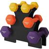 SONGMICS Set di Manubri Esagonali con Stand, 2 x 1 kg, 2 x 1,5 kg, 2 x 2 kg, Finitura in Vinile, Pesi per Esercizi Allenamento, Palestra a Casa, Giallo, Arancione e Viola SYL69BK
