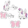 Goldene Hufeisen GH 1a, set con 2 paia di orecchini, unicorno e farfalla con brillantini, in vero argento 925, per bambina, rosa, viola, bianchi