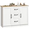 HOMCOM Credenza bassa, 2 ante, 110x35x80,4 cm, Bianco legno naturale | Mobile contenitore, soft-close, 3 cassetti, stile moderno, buffet per sala da pranzo, cucina