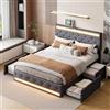 KeepGoon Letto matrimoniale 140 x 200 cm, letto imbottito con 4 cassetti in ferro, porta USB lunga e barra per lampada da comodino, letto con rete a doghe in lino, testiera regolabile