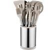 AKIZA Set Completo Utensili da Cucina 12 Pezzi in Silicone con Portautensili Girevole Mestolo Schiumarola Servispaghetti Pinza Frusta Spatole in Acciaio Inox e Silicone per Antiaderente (Beige)