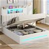 AOGLLATI OGLLATI Letto Contenitore 140x190 cm con Sollevamento Idraulico, Letto Matrimoniale con Luci LED e Porta USB, Sommier a Doghe in Legno, Testiera Imbottita Nero con 7 Vani Portaoggetti,Bianco