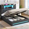 AOGLLATI Letto Contenitore 140x200 cm con Sollevamento Idraulico, Letto Matrimoniale con Luci LED e Porta USB, Sommier a Doghe in Legno, Testiera Imbottita Nero con 7 Vani Portaoggetti, Nero