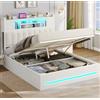 AOGLLATI Letto Contenitore 140x200 cm con Sollevamento Idraulico, Letto Matrimoniale con Luci LED e Porta USB, Sommier a Doghe in Legno, Testiera Imbottita Nero con 7 Vani Portaoggetti, Bianco