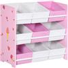 Mobiletto Portagiochi Con 9 Cestini Rimovibili In Legno E Tessuto, 63x30x60 Cm, Rosa E Bianco