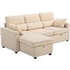 Divano Letto Angolare Con Vano Contenitore, Rivestimento In Velluto A Coste E 2 Cuscini, 205x135x76 Cm, Beige