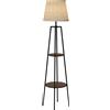 Lampada Da Terra A 2 Ripiani In Metallo E Mdf Con Paralume In Tessuto, Ø42x166 Cm, Nero E Marrone