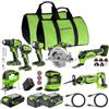 GREENWORKS Kit di attrezzi senza fili da 24 V, 8 pezzi: trapano avvitatore, avvitatore, sega circolare, sega alternativa, seghetto, multi-utensile, levigatrice, lampada; batteria da 4,0 Ah + 2 × 2,0