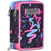 Seven Astuccio Scuola Elementare, 3 scomparti con Matite, Pennarelli, Penne, 3 Zip, Universe Spots, Bambina e Ragazza, viola/nero