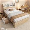 LinoraFurn Letto singolo in legno 90X190 bianco/rovere, letto bicolore con ripiano per testiera, 2 cassetti e scomparti aperti, parzialmente in legno massello salvaspazio, senza materasso