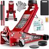 TRESKO Martinetto idraulico 3T - Altezza di sollevamento 75-510 mm - Martinetto idraulico piatto a doppio pistone e ruote a 360° con 2 pattini in gomma, tappetino protettivo, guanti (rosso, 3