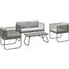 Outsunny Set di Mobili da Giardino in Rattan 4 Pezzi, Salotto da Esterno con Divanetto 2 Posti, 2 Poltrone, Tavolo da Caffè in Vetro e Cuscini Lavabili, Set Giardino Esterno in Acciaio, Grigio Chiaro
