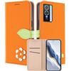 MOJIA Custodia a Portafoglio per Vivo Y76 5G / Y76s, Cover in Pelle PU Flip con Fiore e Chiusura Magnetica Foglia, Slot Carte, Funzione Stand.-Orange