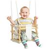 AIYAPLAY Altalena per Bambini 9-36 Mesi in Legno e Cotone per Interni ed Esterni con Corda Regolabile e Cuscino Rimovibile, 30x30x110-180 cm, Color Legno e Bianco