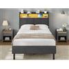 AOGLLATI Letto Singolo con Contenitore 90x200, Letto Singolo Imbottito con Ampio Spazio di Stivaggio, Struttura Letto Contenitore con Luci LED Regolabili e Stazione di Ricarica, Lino Grigio Scuro
