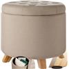 tectake® Sgabello Rotondo in Lino, Pouf Contenitore con Grande Scomparto, Gambe in Legno Massiccio, Capacità di Carico 150 Kg, Ø 44,5 cm, 41,5 cm di Altezza - Sabbia