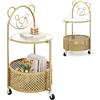 LIFEZEAL Tavolino Laterale da Divano, Modello di Orsetto, con 3 Ruote, Piano in Vetro e Cestino Portaoggetti, Tavolino Rotondo, Carrello da Portata, Decorativo, Piccolo, Multiuso, per Soggiorno, Oro