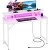 iSunirm Scrivania per computer con strisce elettriche, scrivania da gioco con luci LED, scrivania da lavoro per casa e ufficio con ripiano per monitor, bianca