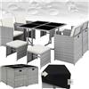 tectake® Set di Mobili in Rattan Bilbao, 4 Sedie e 4 Sgabelli con Tavolo, Struttura in Acciaio e Poly Rattan Resistente, Ideale per Giardino e Terrazzo, Mobili da Esterno - Grigio Chiaro
