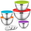Herogo Set di 5 ciotole colorate in acciaio inox con coperchio ermetico, insalatiera in metallo con 3 grattugie, per preparare, cuocere, servire, mescolare, lavabile in lavastoviglie