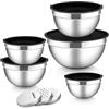 Herogo Set di 5 ciotole in acciaio inox con coperchio ermetico, insalatiera in metallo con 3 grattugie, per preparare, cuocere, servire, mescolare, lavabile in lavastoviglie, colore nero