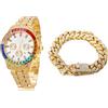 HALUKAKAH Orologio d'oro con Diamanti Multicolore,Uomo Placcato Oro 18 Carati/Oro Rosa/Platino Placcato Oro Bianco 40MM Larghezza Bianco Quadrante Quartz con Catena Cubane Collana Bracciale