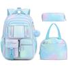 Tanou Set di Zaino Scuola Elementare Bambina, 3 Pezzi Traspirante Zaini per Bambini con Borsa Termica e Astuccio, Kawaii Zaino Ragazza in Nylon alla Moda con Ciondolo, Blu